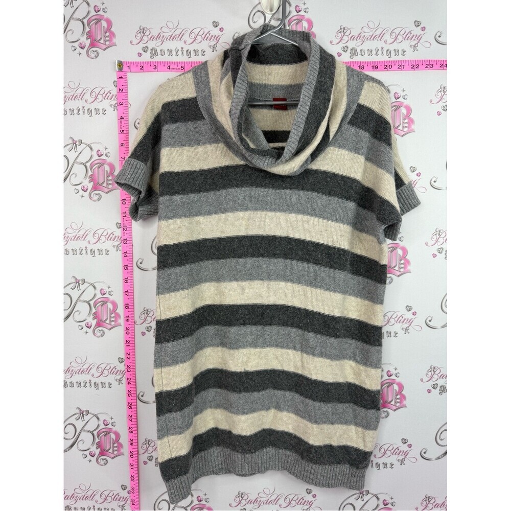 Olsen sweater top Cowl Neck Short-Sleeve Striped Sweater Tee - Gray & Cream